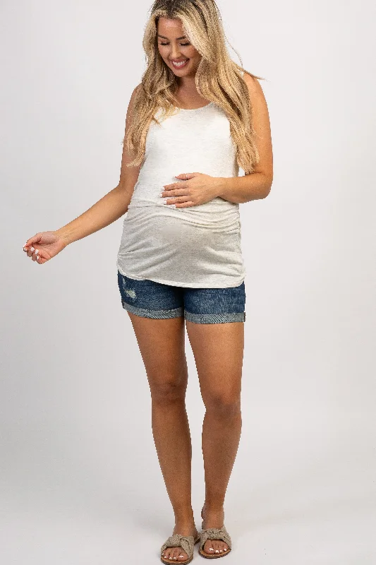 PinkBlush Navy Blue Distressed Rolled Hem Maternity Denim Shorts