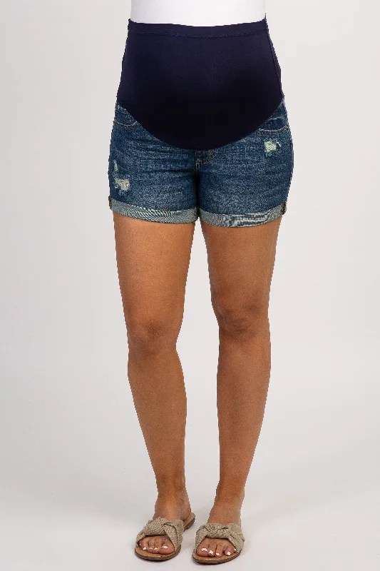 PinkBlush Navy Blue Distressed Rolled Hem Maternity Denim Shorts