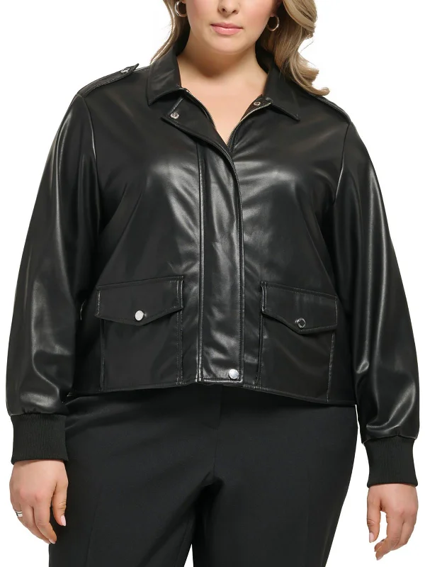 Plus Womens Crop Faux Leather Soft Shell Jacket