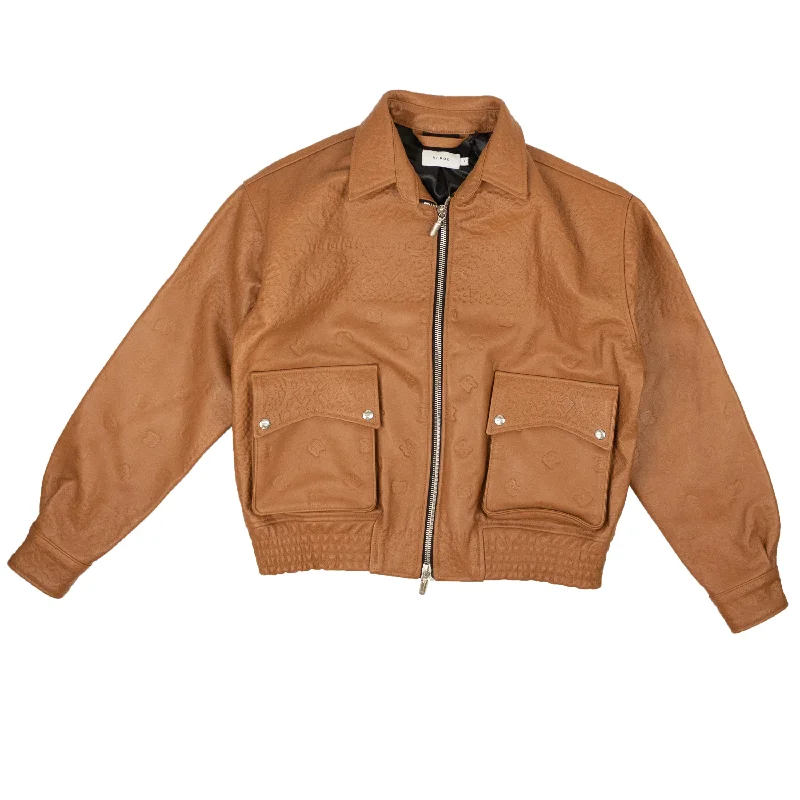 Tan Brown Embossed Blouson Leather Suiting Jacket