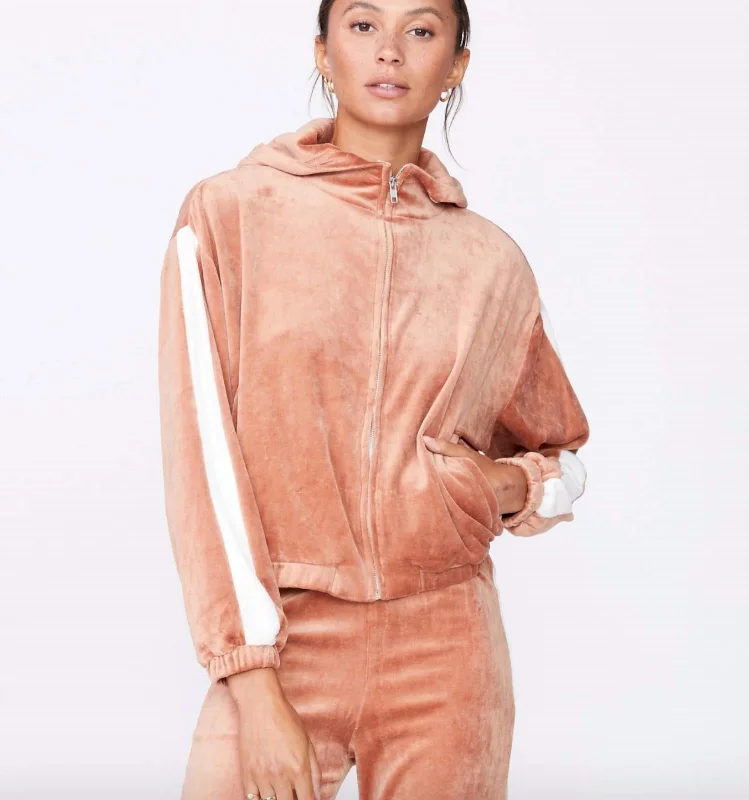 Velour Sporty Zip-Up Sweatshirt In Dry Rose/natural