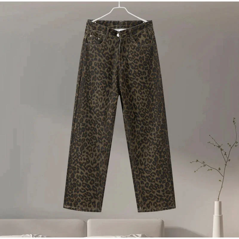 Vintage Leopard Jeans Women Casual Loose High Waist Straight Pants