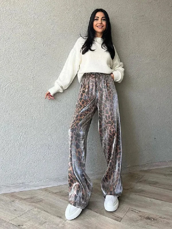 Vintage Leopard Print Wide Leg Pants Women Casual Loose Elastic Waist Female