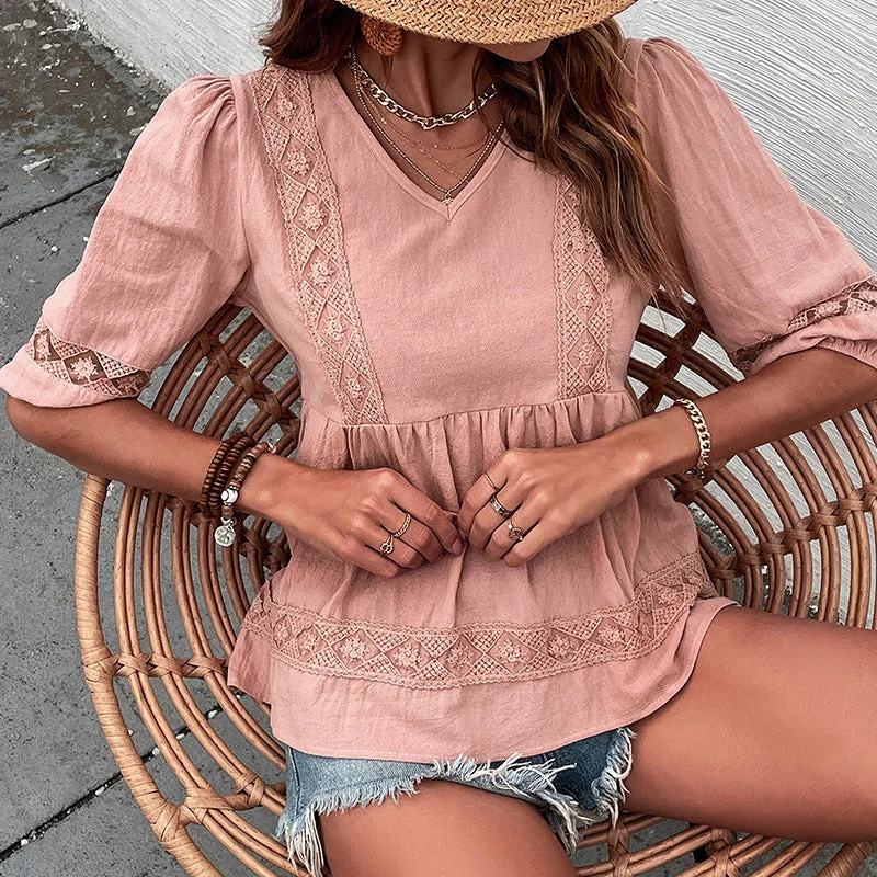 Women's Summer Casual Pink Cotton And Linen Blouses