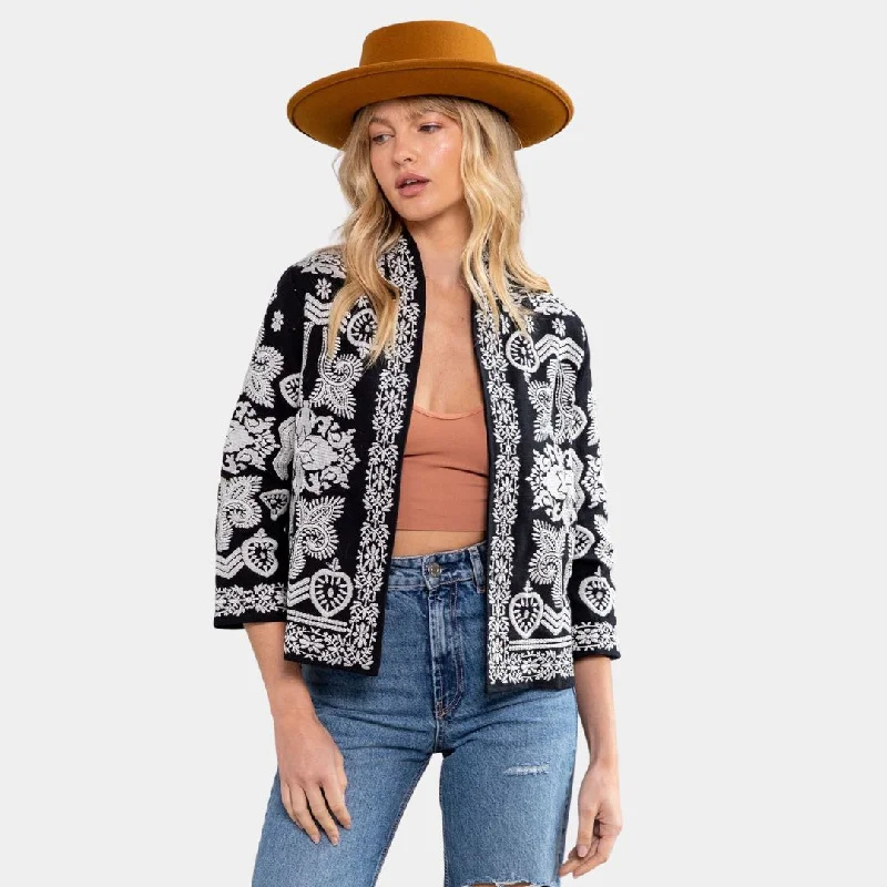 3/4 Sleeve Embroidered Bolero Jacket (Black + Off White)