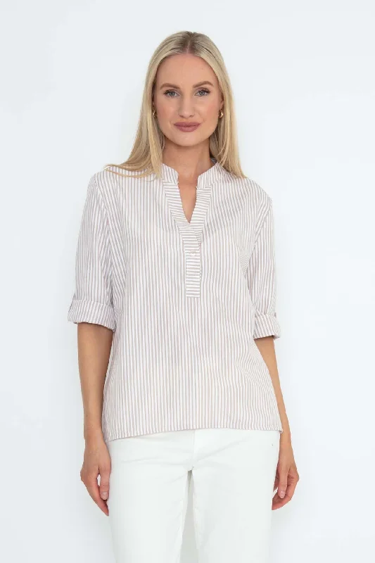 Cream Stripe Collarless Shirt