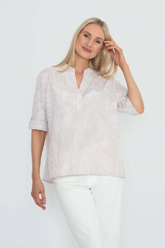 Cream Stripe Collarless Shirt