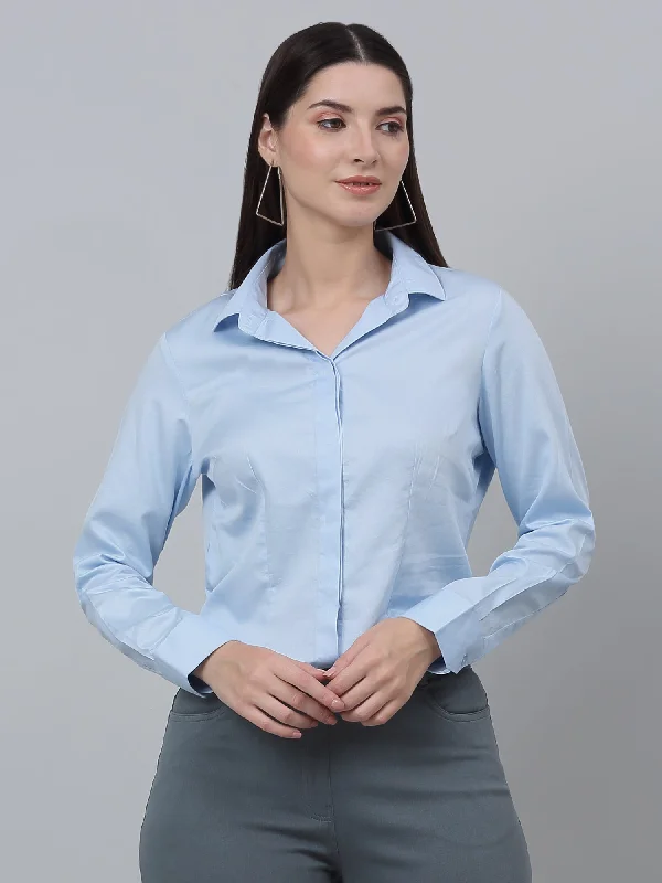 Cantabil Cotton Solid Full Sleeve Regular Fit Sky Blue Formal Shirt for Women