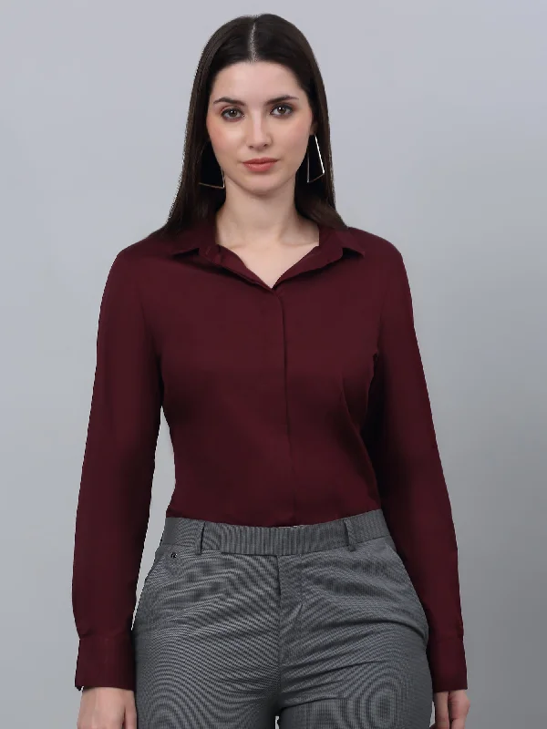 Cantabil Cotton Solid Full Sleeve Regular Fit Wine Formal Shirt for Women